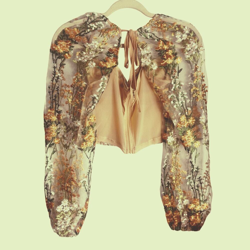 Lulus Radiant Garden Beige Floral Embroidered Long Sleeve Corset Crop Top